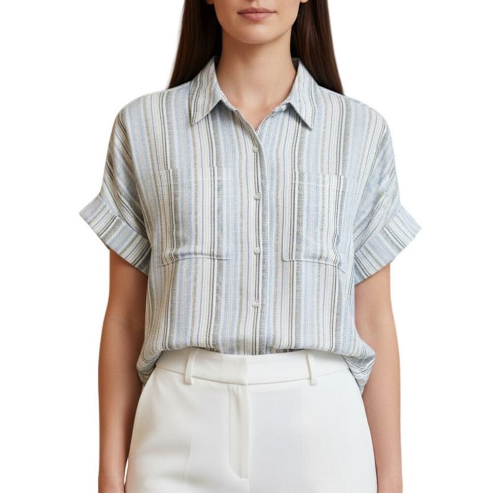 OAT Short Sleeve Blue Gray Striped Button Up Cotton Shirt Women’s Large NWT